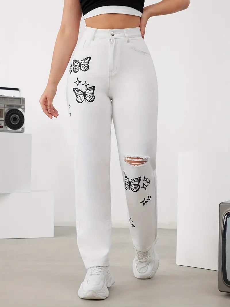 Jeans retos com padrão de borboleta branca, calças jeans rasgadas de cintura alta