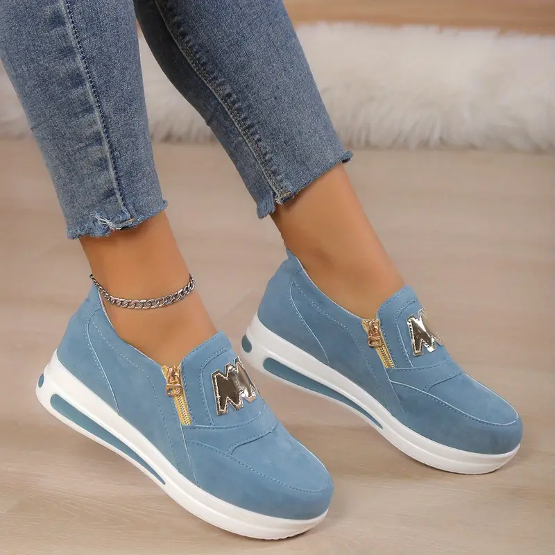 Sapatilhas de plataforma casual feminino, sapatilhas de corrida de cano baixo com zíper lateral