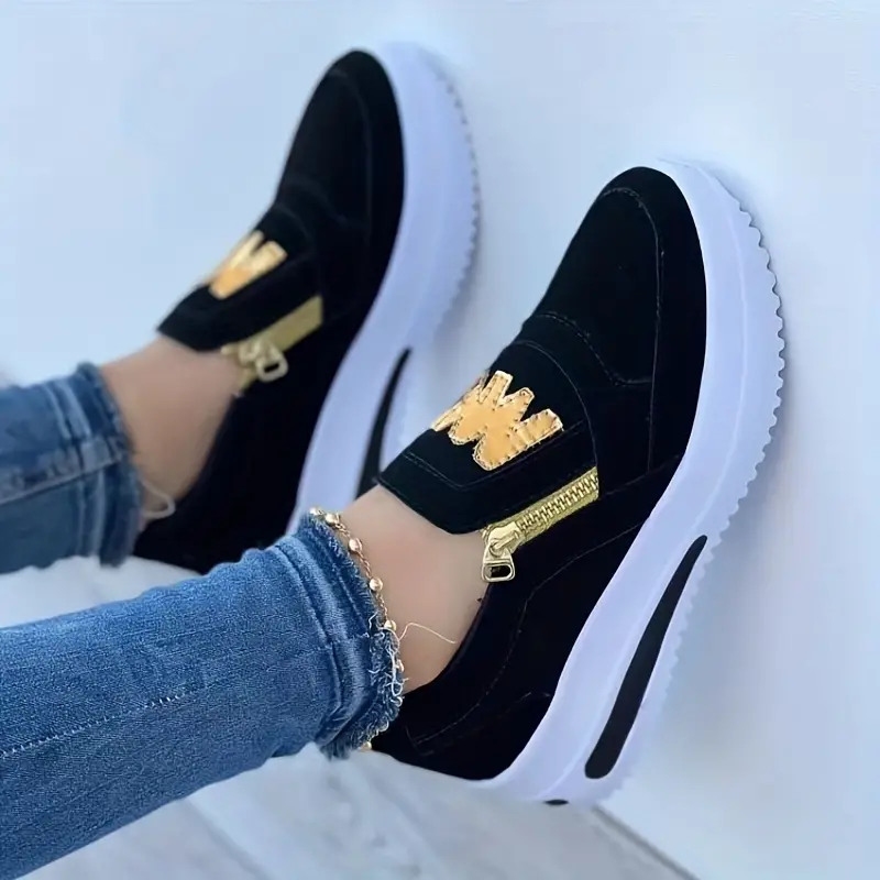 Sapatilhas de plataforma casual feminino, sapatilhas de corrida de cano baixo com zíper lateral