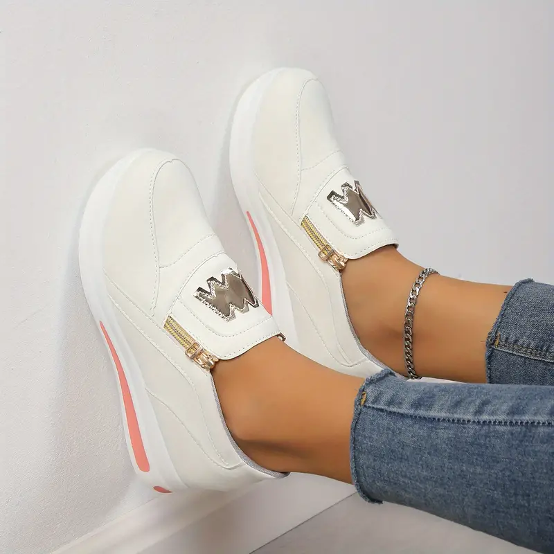 Sapatilhas de plataforma casual feminino, sapatilhas de corrida de cano baixo com zíper lateral