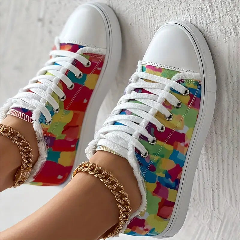 Sapatilhas coloridos femininos de cano baixo com cadarço da moda