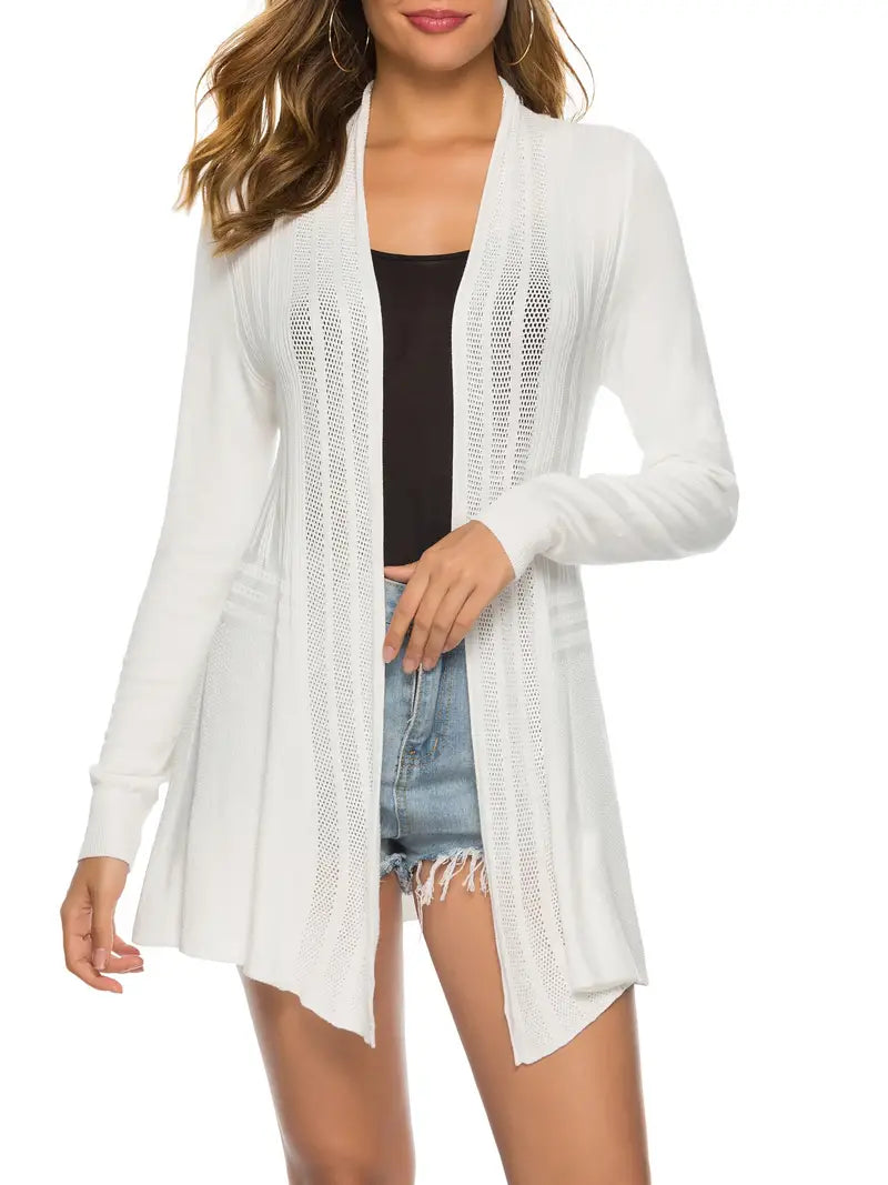 Cardigan de frente aberta de cor sólida leve com gola de lapela de manga comprida