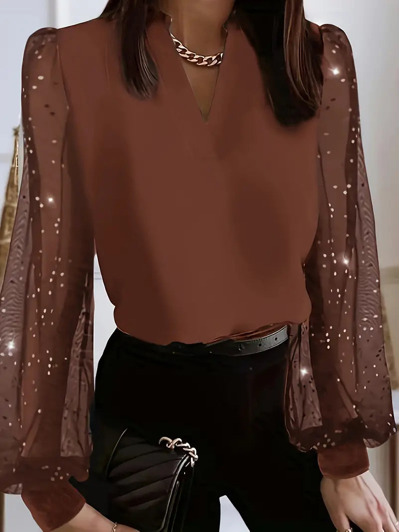 Blusa elegante tamanho grande sólido contraste malha manga comprida gola entalhada top elástico médio