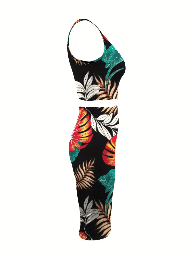 Conjunto de duas peças com estampa tropical, regata sem mangas e bolsa, saias midi quadril