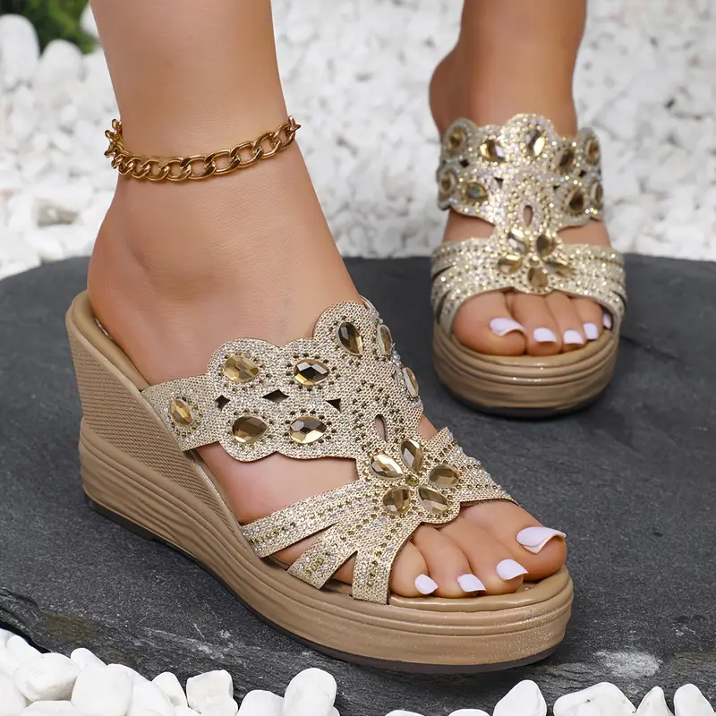 Sandálias de salto alto com strass deslumbrantes - Sapatos de plataforma confortáveis com biqueira aberta com tiras ajustáveis