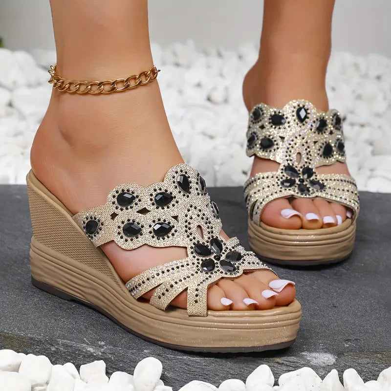 Sandálias de salto alto com strass deslumbrantes - Sapatos de plataforma confortáveis com biqueira aberta com tiras ajustáveis