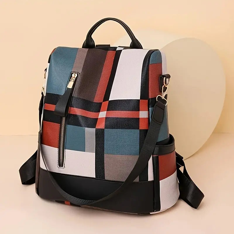 Bolsa de mochila com estampa xadrez da moda, mochila de viagem conversível antirroubo, mochila escolar casual feminina