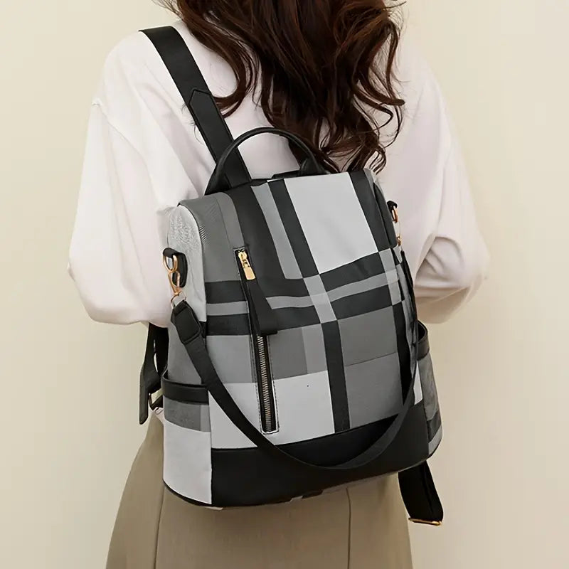 Bolsa de mochila com estampa xadrez da moda, mochila de viagem conversível antirroubo, mochila escolar casual feminina