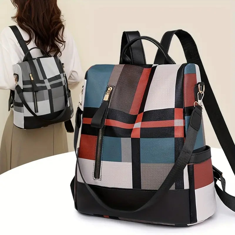 Bolsa de mochila com estampa xadrez da moda, mochila de viagem conversível antirroubo, mochila escolar casual feminina