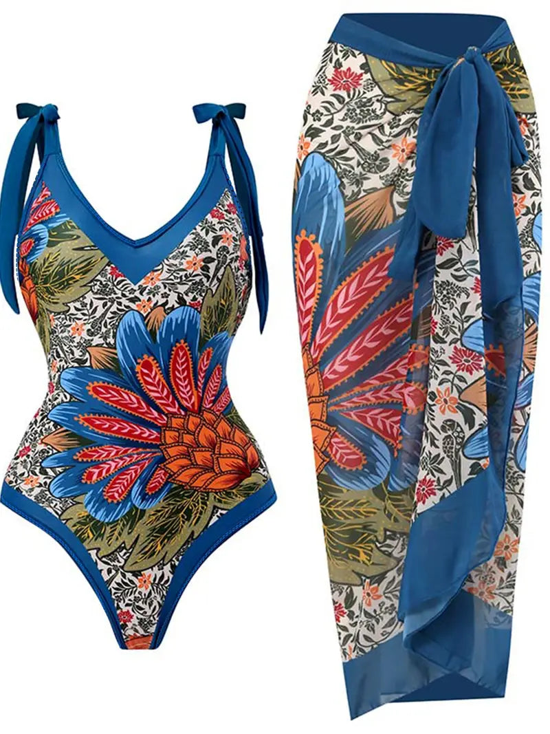 Fato de banho de2 peças com estampa floral de ombro único e maxi vestido de cobertura, decote em V profundo com acabamento contrastante elegante maiô de