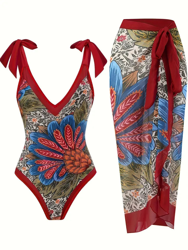 Fato de banho de2 peças com estampa floral de ombro único e maxi vestido de cobertura, decote em V profundo com acabamento contrastante elegante maiô de