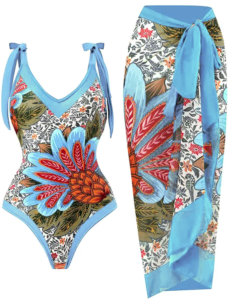 Fato de banho de2 peças com estampa floral de ombro único e maxi vestido de cobertura, decote em V profundo com acabamento contrastante elegante maiô de