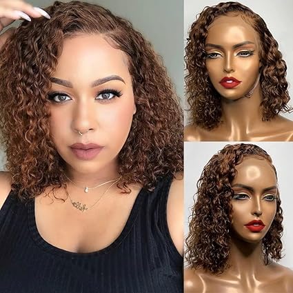 Peruca de cabelo humano encaracolado ombré marrom bob, preto natural com marrom, estilo cacheados para mulheres