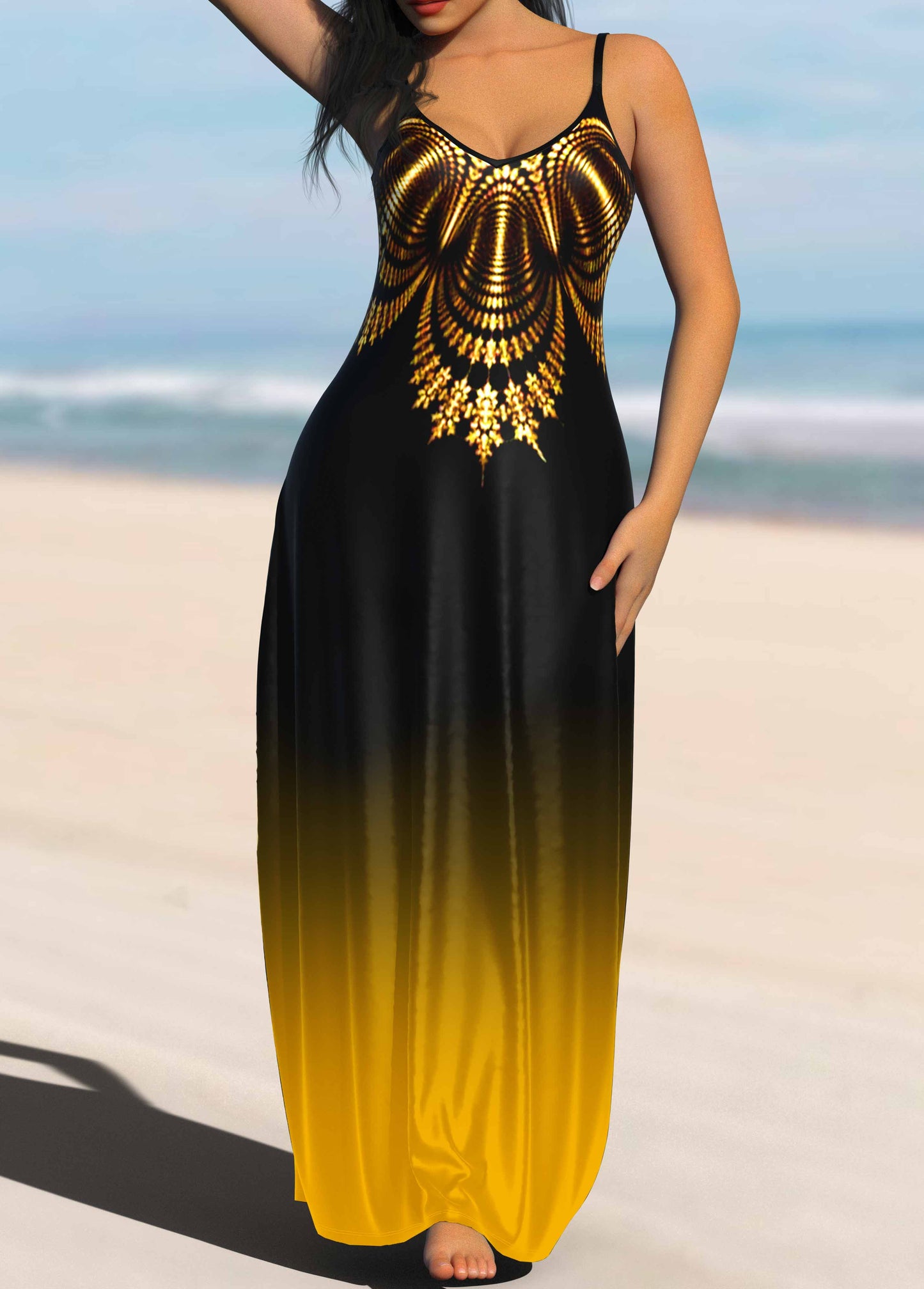 Vestido de verão feminino 2025 casual sem mangas solto liso longo com bolsos