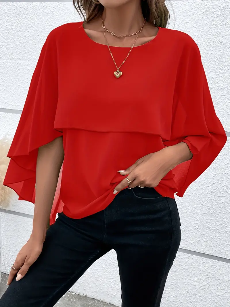 Blusa sólidas versátil com gola redonda