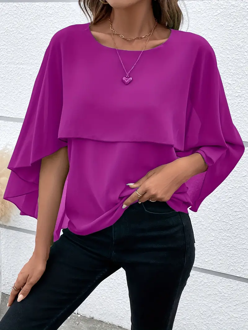 Blusa sólidas versátil com gola redonda