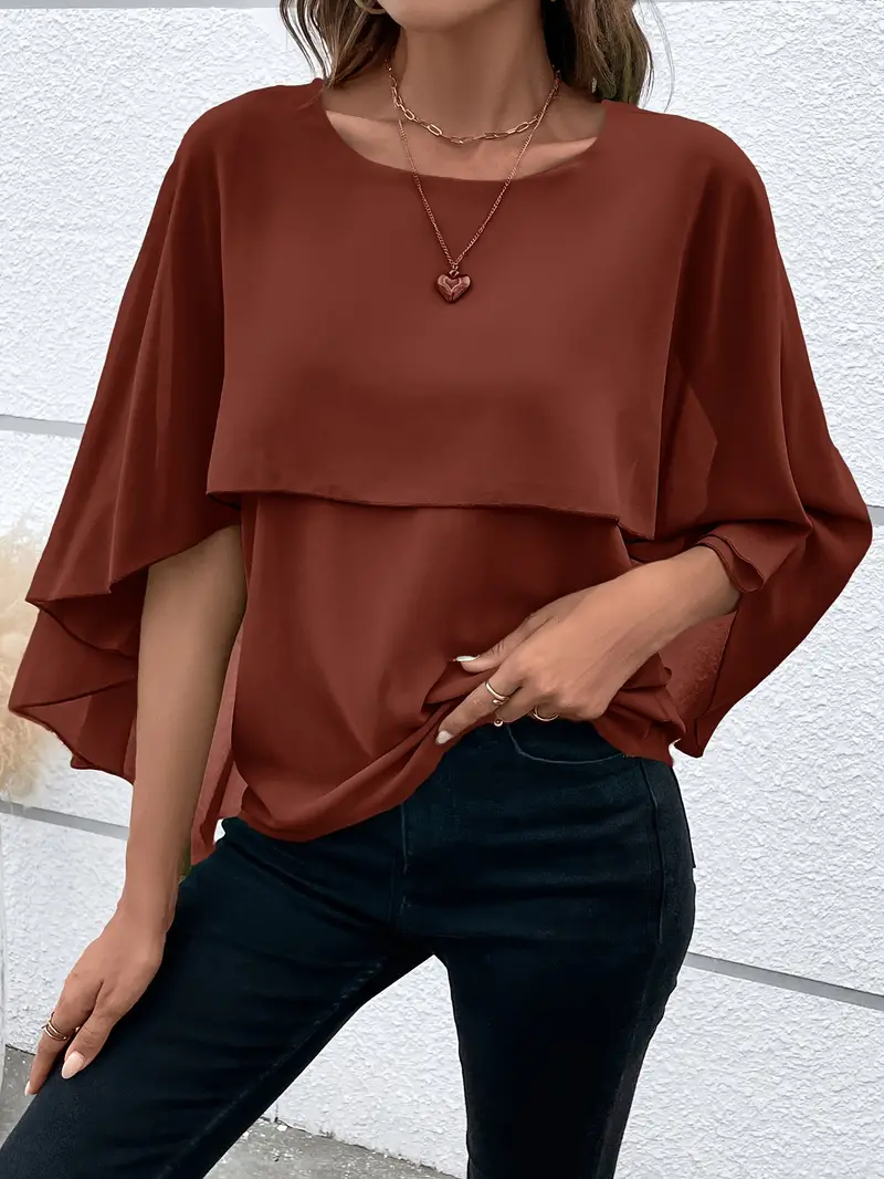 Blusa sólidas versátil com gola redonda