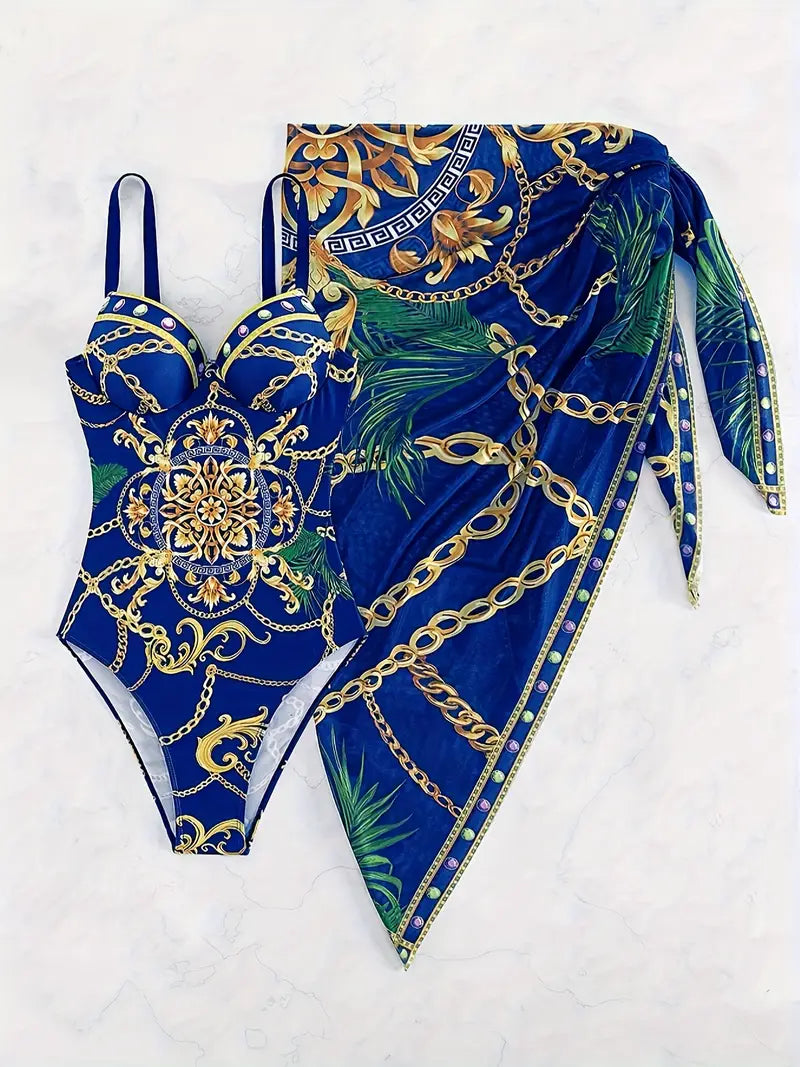 Conjunto de 2 peças de fato de banho feminino com saia de cobertura