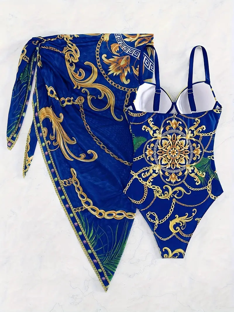 Conjunto de 2 peças de fato de banho feminino com saia de cobertura