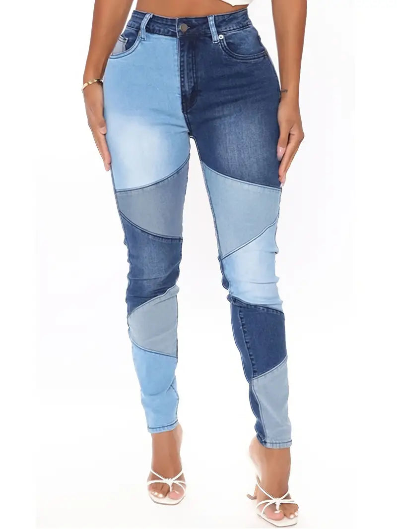 Calças jeans de cintura média patchwork