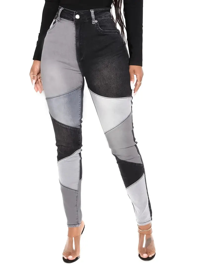 Calças jeans de cintura média patchwork
