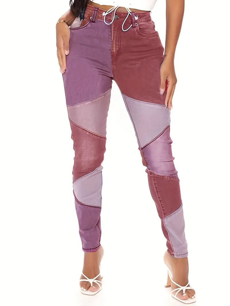 Calças jeans de cintura média patchwork