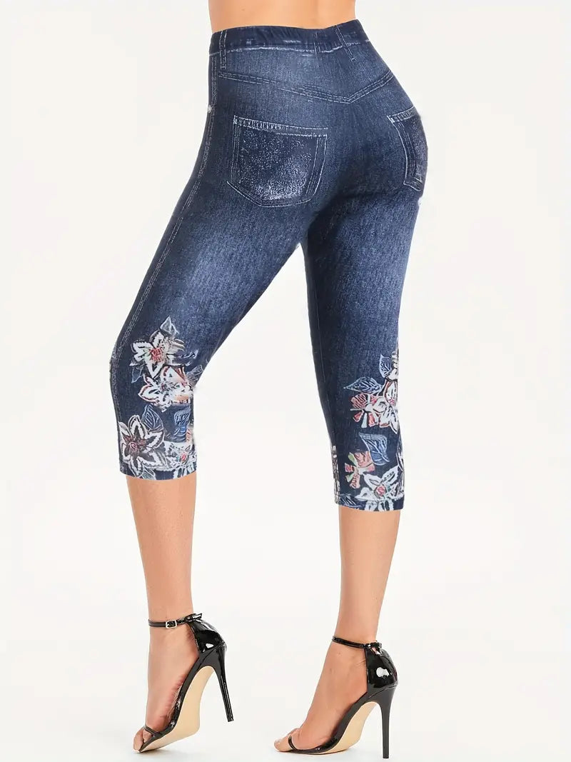 Bermuda colante elásticas de Jeans com estampa floral