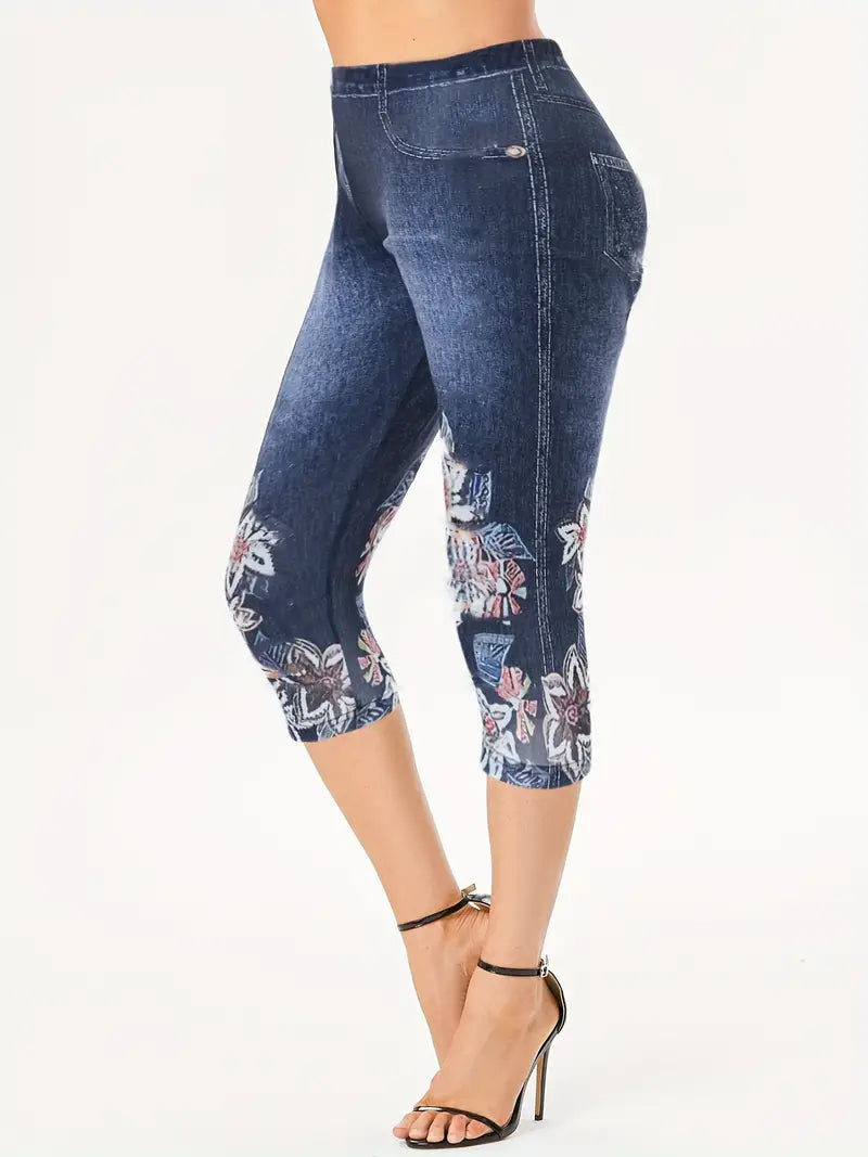 Bermuda colante elásticas de Jeans com estampa floral