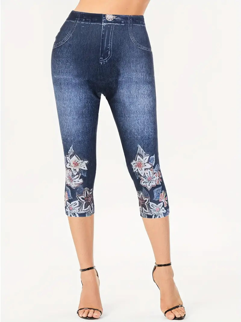 Bermuda colante elásticas de Jeans com estampa floral