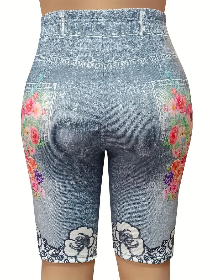Bermuda colante elásticas de Jeans com estampa floral - Tamanho Grande