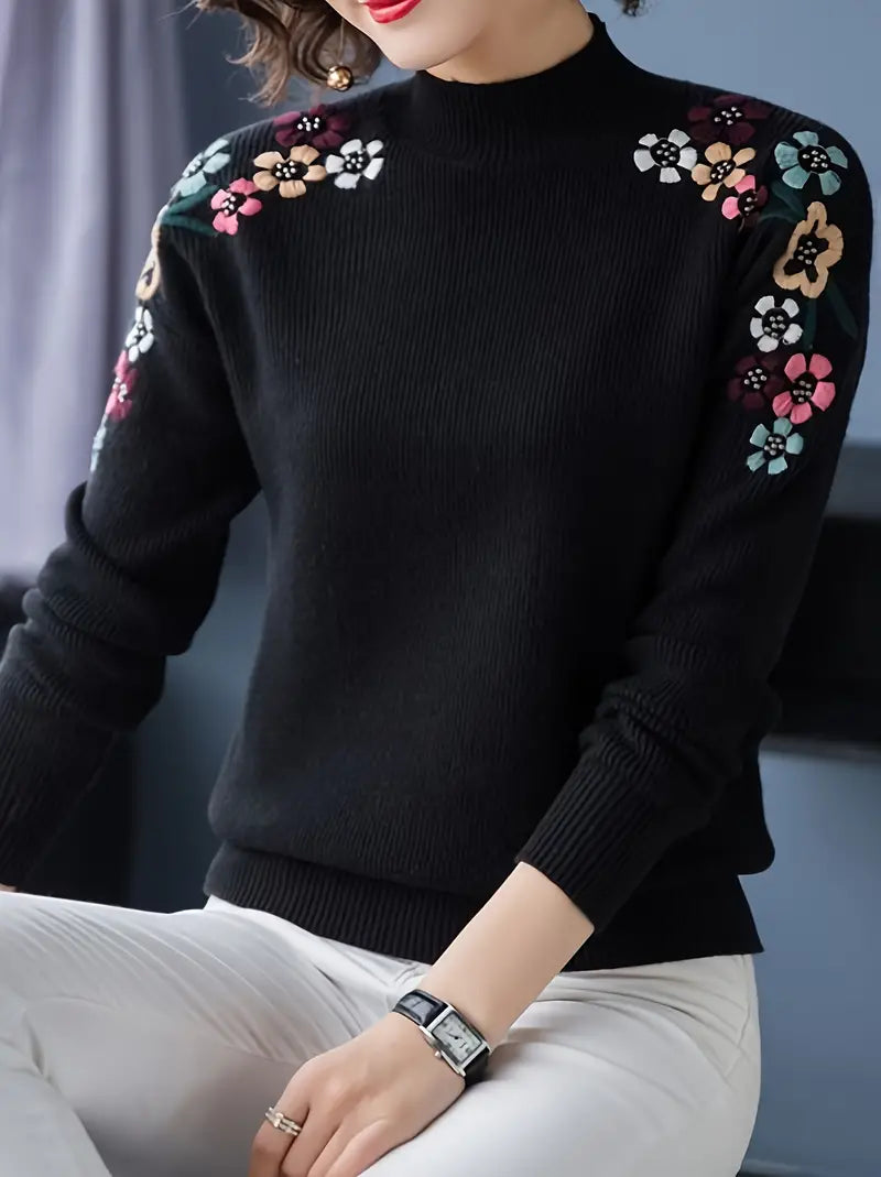 Suéter chique floral bordado com gola alta de malha elástica