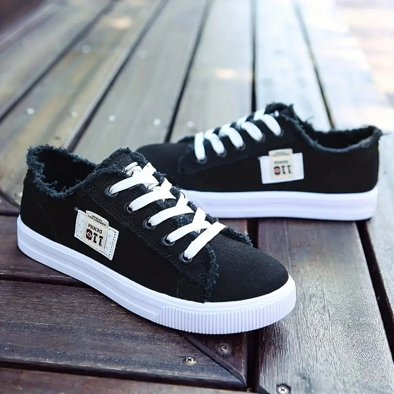 Sapatos baixos de lona clássicos femininos, sapatos casuais de cano baixo com cadarço de cor sólida