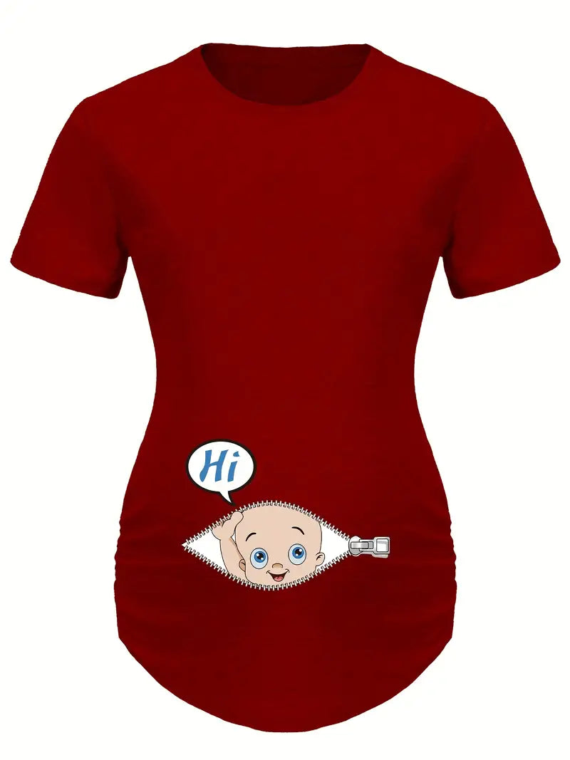 Camiseta franzida com gola redonda para maternidade e estampa engraçada de bebê com zíper