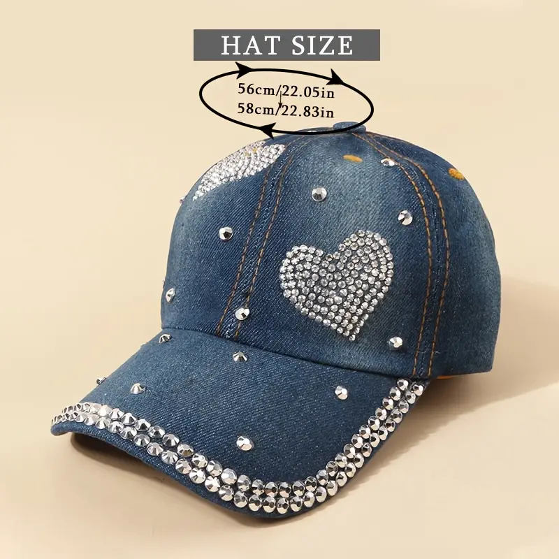 Chapeu com strass ajustável de algodão com decoração de coração