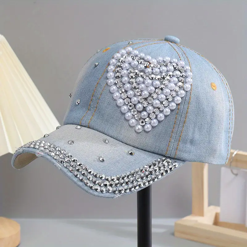 Chapeu com strass ajustável de algodão com decoração de coração