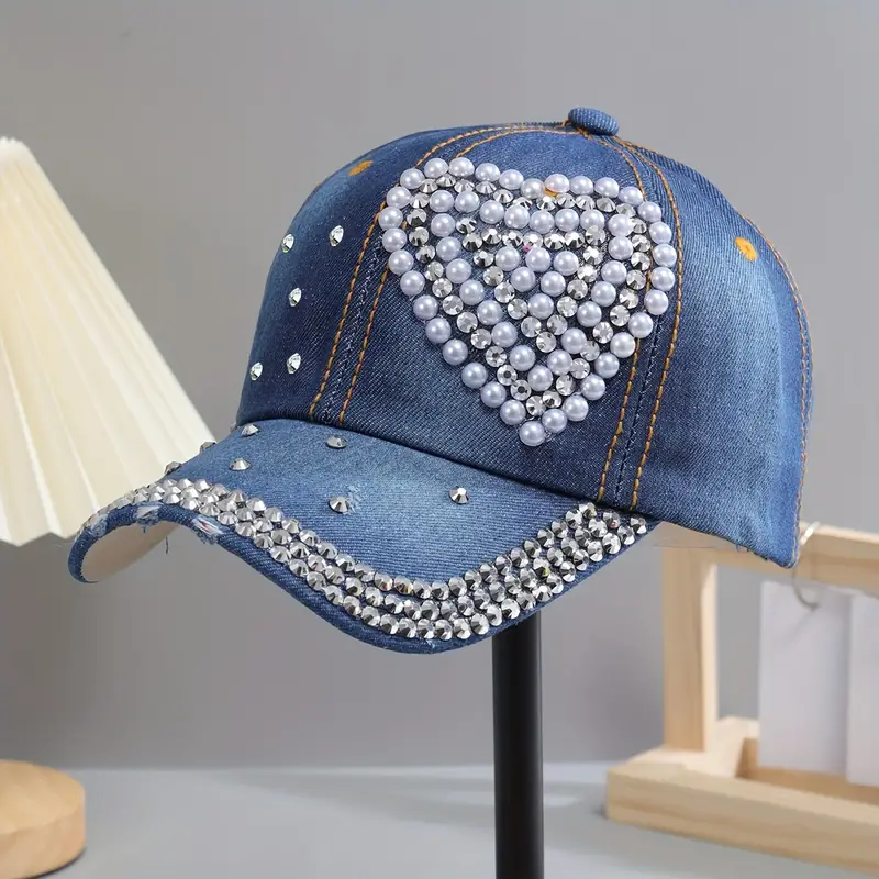 Chapeu com strass ajustável de algodão com decoração de coração