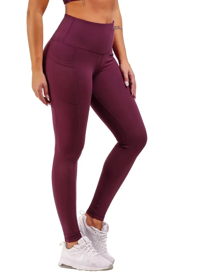 Calça colante confortáveis de cor sólida de cintura alta com bolsos para telefone