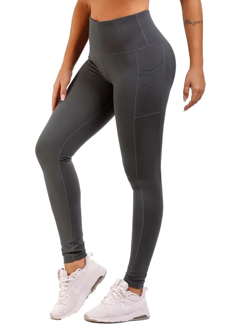 Calça colante confortáveis de cor sólida de cintura alta com bolsos para telefone