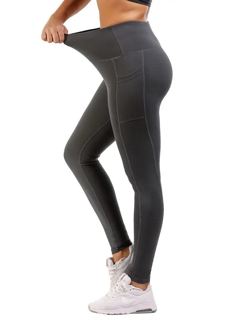 Calça colante confortáveis de cor sólida de cintura alta com bolsos para telefone