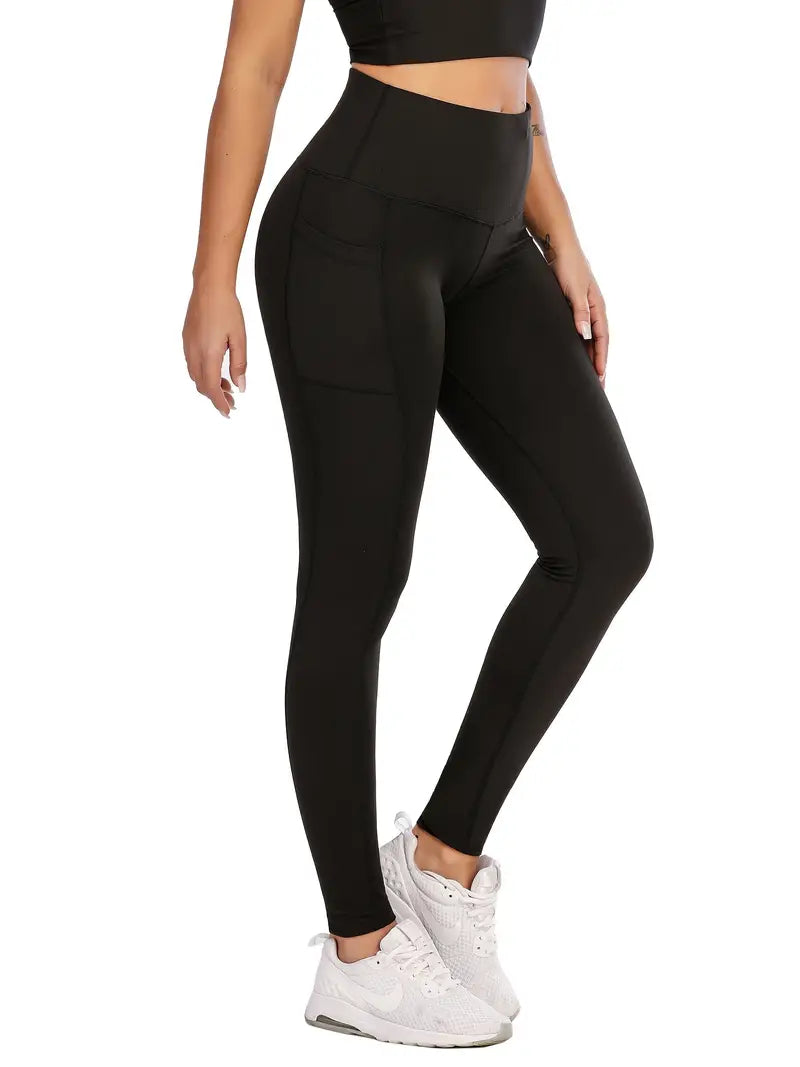 Calça colante confortáveis de cor sólida de cintura alta com bolsos para telefone
