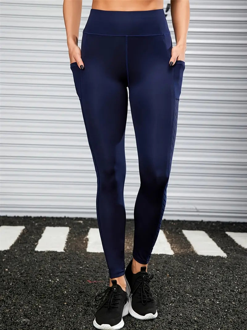 Calça colante cor sólida com bolso para telefone