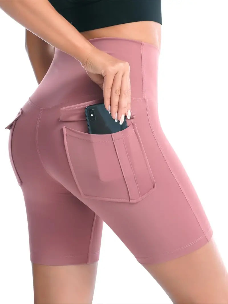 Shorts esportivos de cintura alta com bolsos