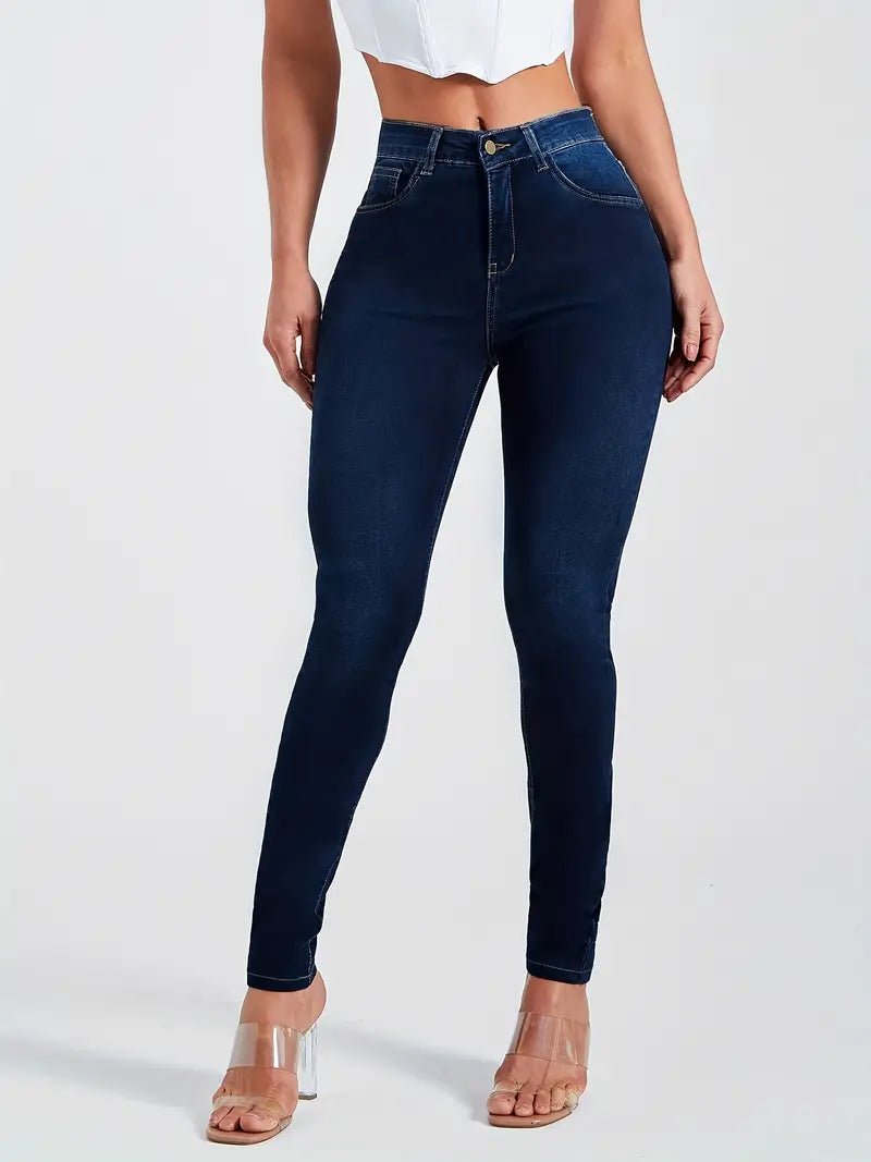 Calças jeans skinny casuais de cintura alta