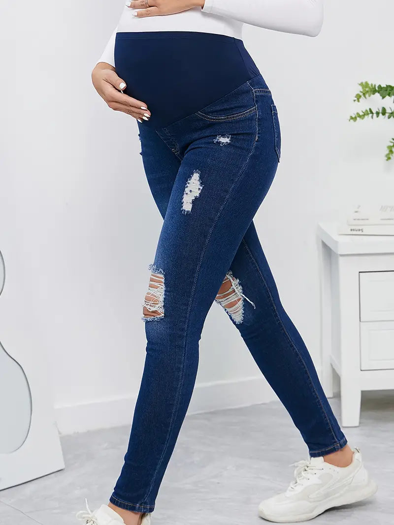 Calça jeans feminina confortável e elástica para gestate, cintura alta, suporte para barriga,