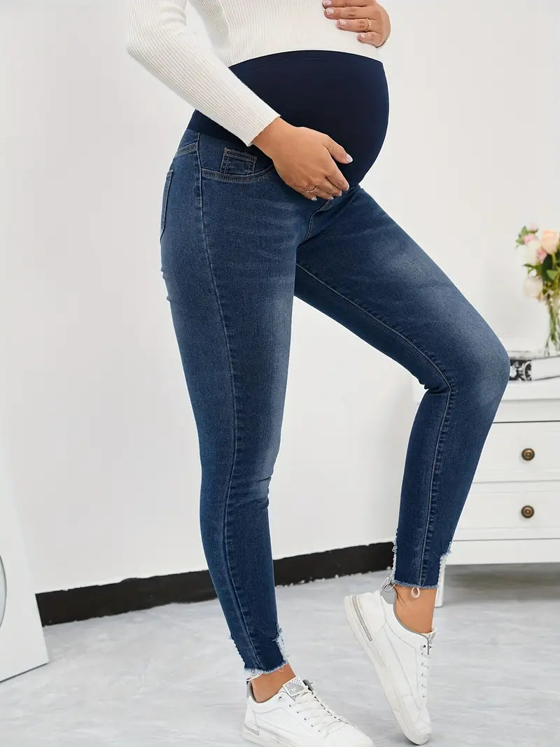 Calça jeans feminina confortável e elástica para gestate, cintura alta, suporte para barriga,
