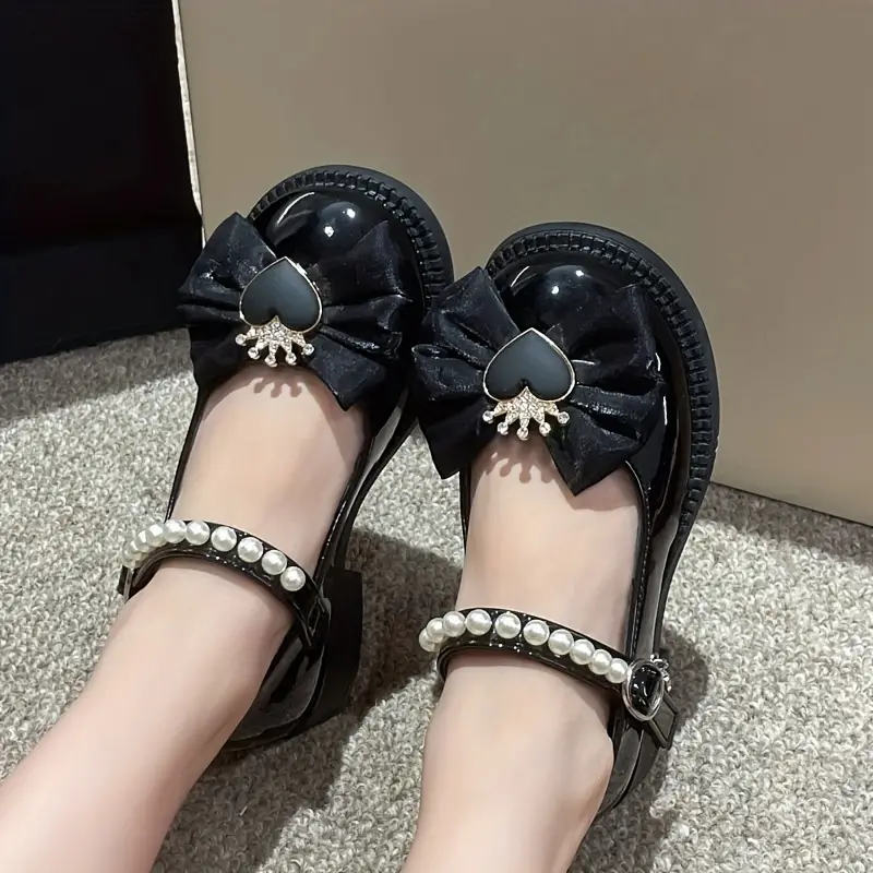 Sapatos elegantes da moda com laço de pérola Mary Jane para meninas, sapatos confortáveis e leves com sola plana e antiderrapante