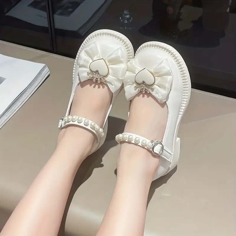 Sapatos elegantes da moda com laço de pérola Mary Jane para meninas, sapatos confortáveis e leves com sola plana e antiderrapante