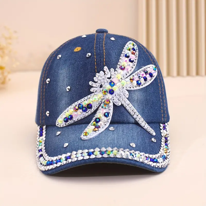 Chapeu com decoração de libélula de strass azul jeans
