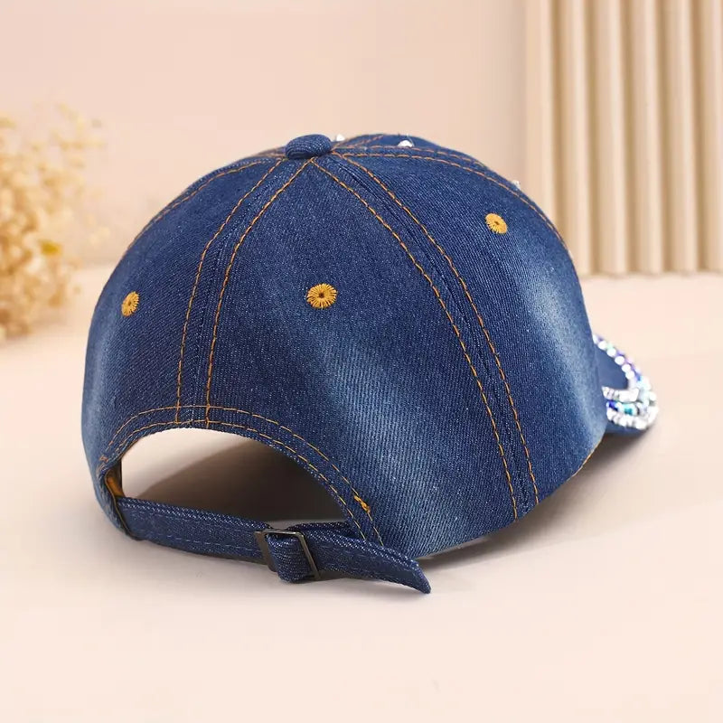 Chapeu com decoração de libélula de strass azul jeans
