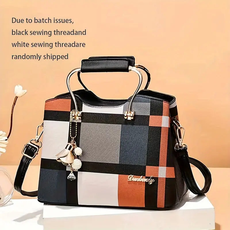 Bolsa feminina com estampa xadrez, bolsa crossbody com alça superior moderna
